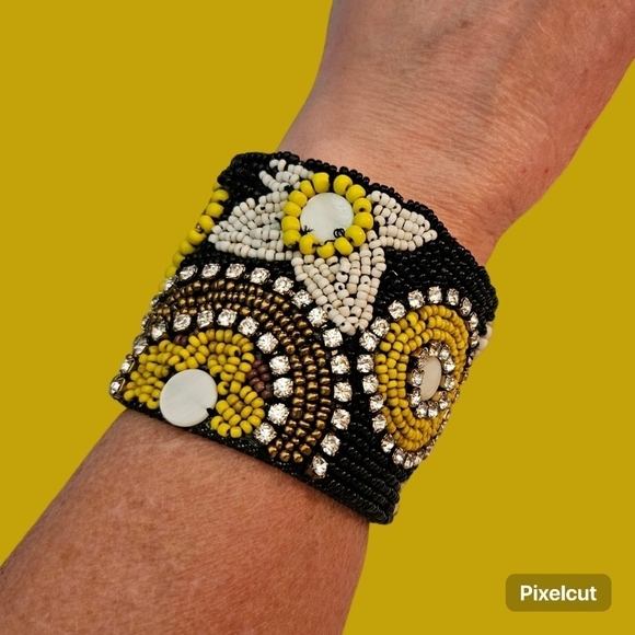 Mare SOLE AMORE Artisan Denim Floral Beadwoven Rhinestone Wide Bracelet - Picture 1 of 5